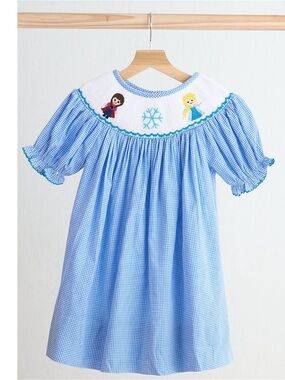 Classic Blue Gingham Girls' Smocked Dress with Snow Embroidery